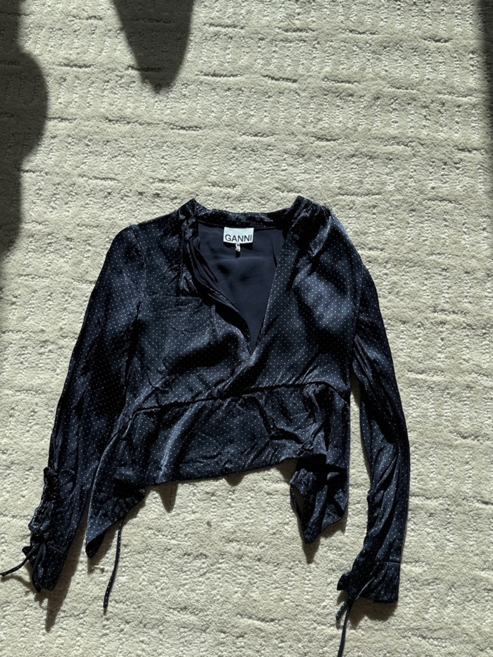 Ganni Black Satin Polka Dot Wrap Blouse